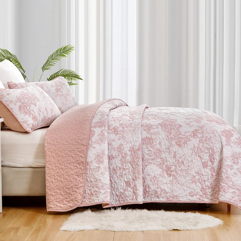 WONGS BEDDING Quilt Set King Size  3 Pieces Pink Floral Plants Printed Bedspread Coverlet Set Soft Lightweight Microfiber Botanical Bedding Set for All Season (104""x90"") - Image 4